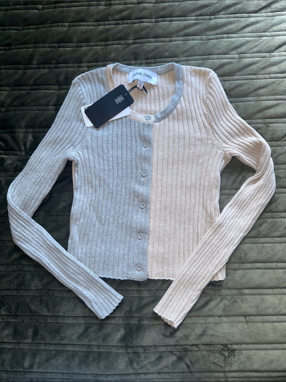 Ribbed Button Cardigan - Light Gray & Cream